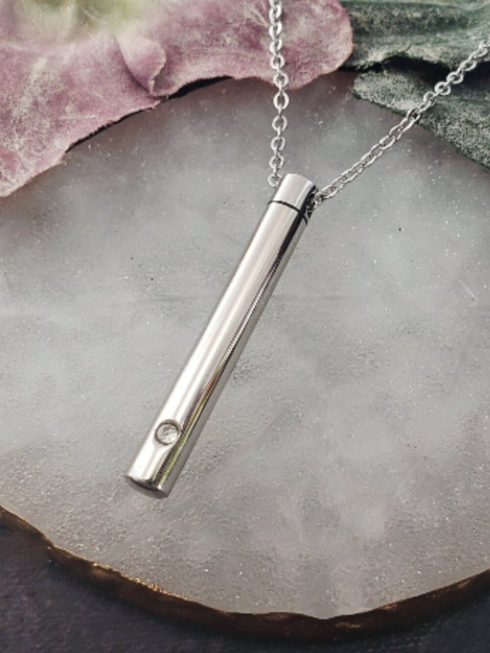 Necklace Stainless Steel Cylinder Bar Crystal Modern Jewelry Pendant Memorial